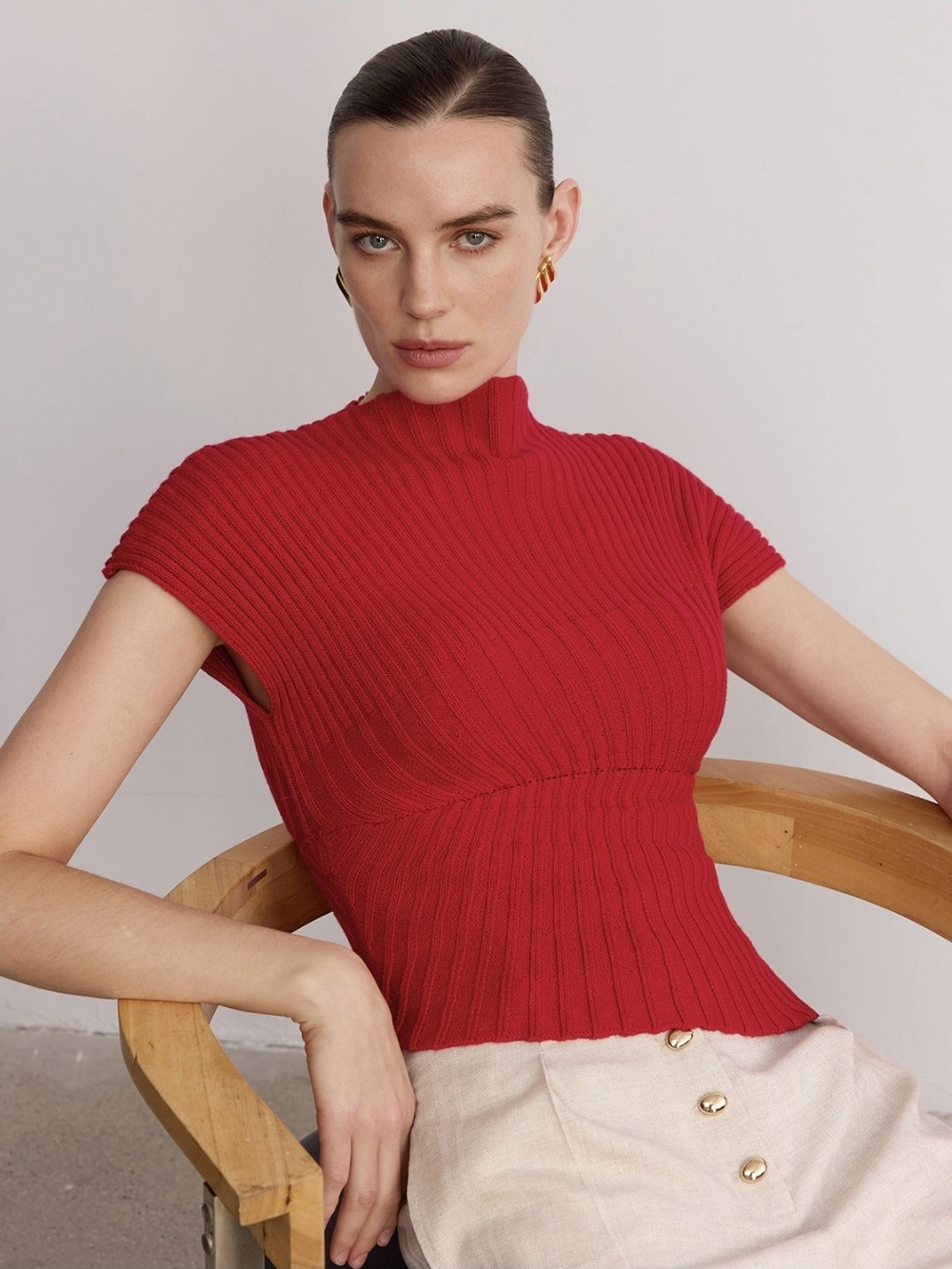 Commense Vibrant Red Ribbed Mock Neck Short Sleeve Top